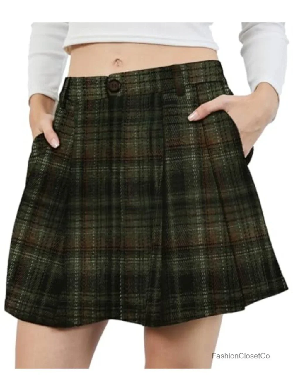 Women's Mini Pleated Plaid A-Line Skirt High Waist with Pockets